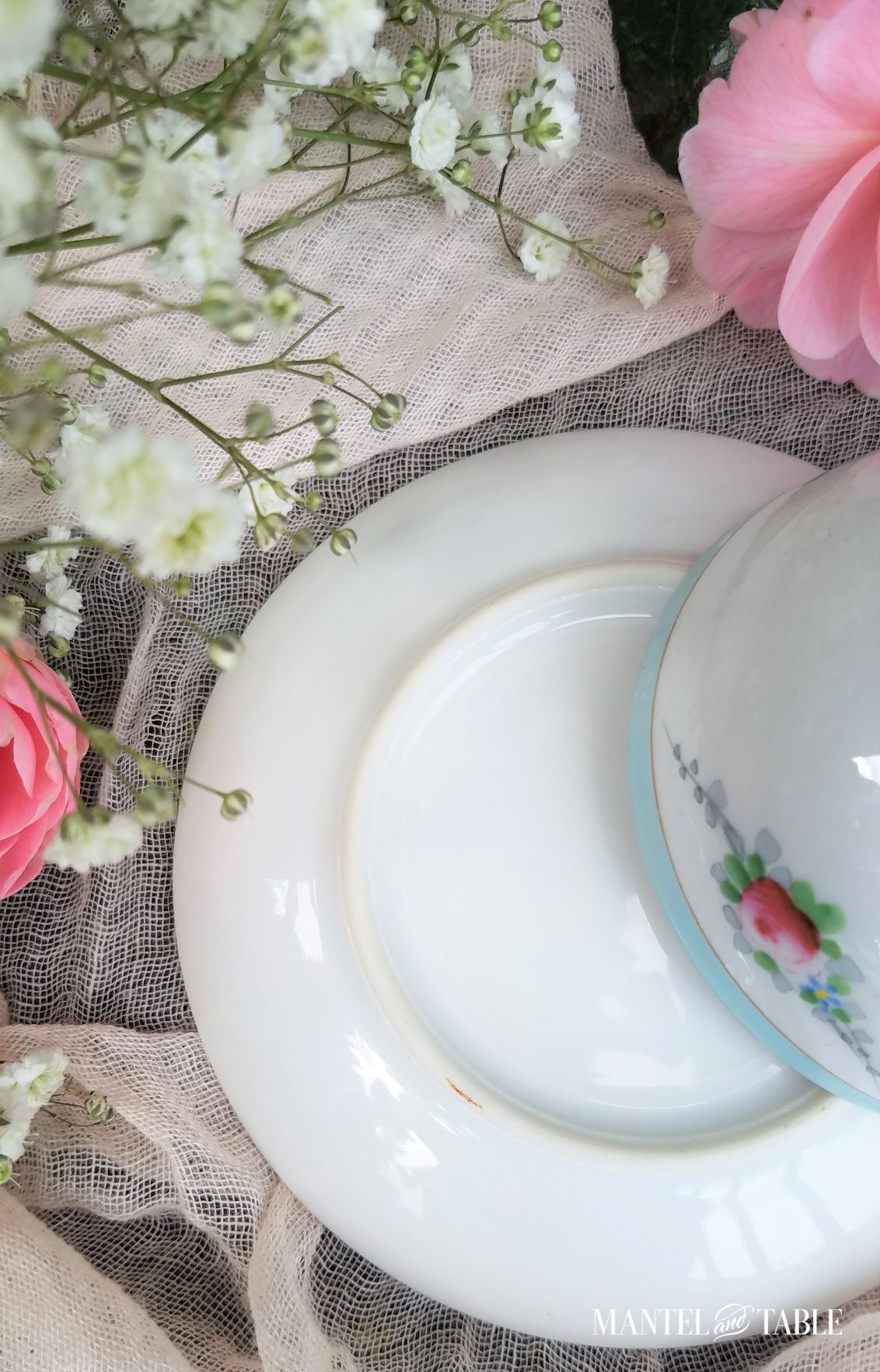 Underside of sauce - no markings. Darling teacup overturned to show its blue trim and pink flowered edge