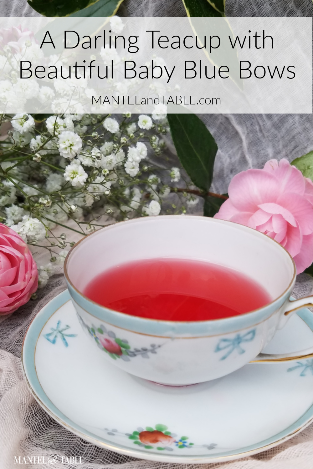 A darling teacup with blue bow trim, filled with pink tea. Pinterest banner