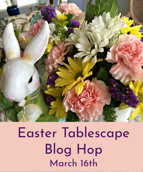 Easter Tablescape Blog Hop Graphic - Bunny statue, yellow and pink flower arrangement