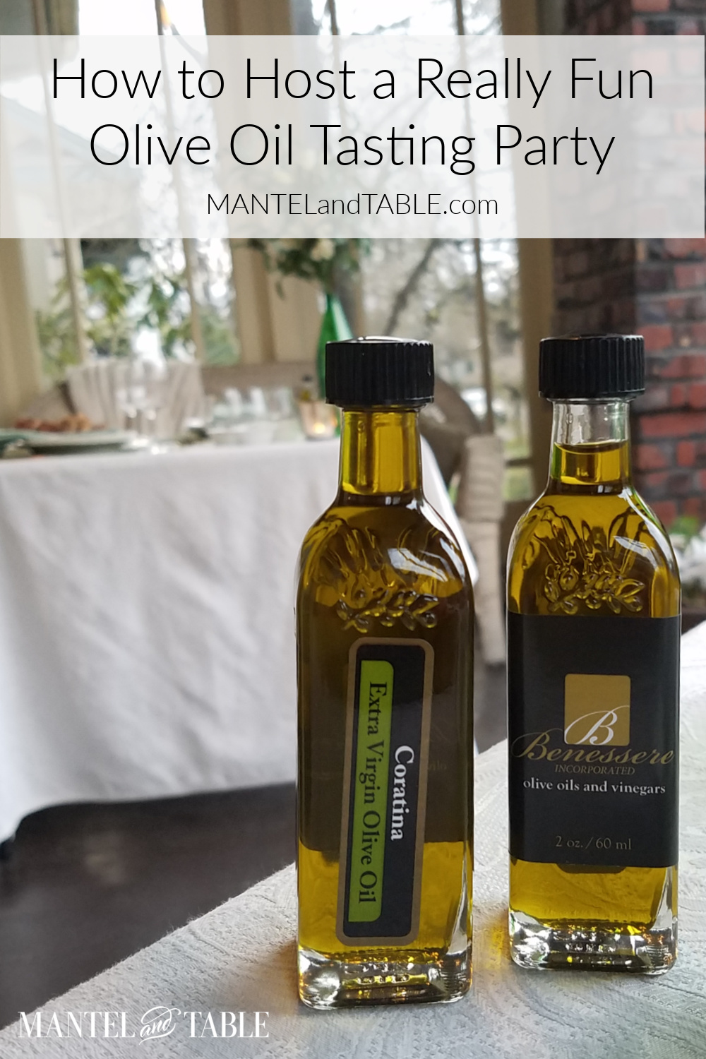 Closeup of two small olive oil bottles with green and white tablescape in the background, Pinterest Banner
