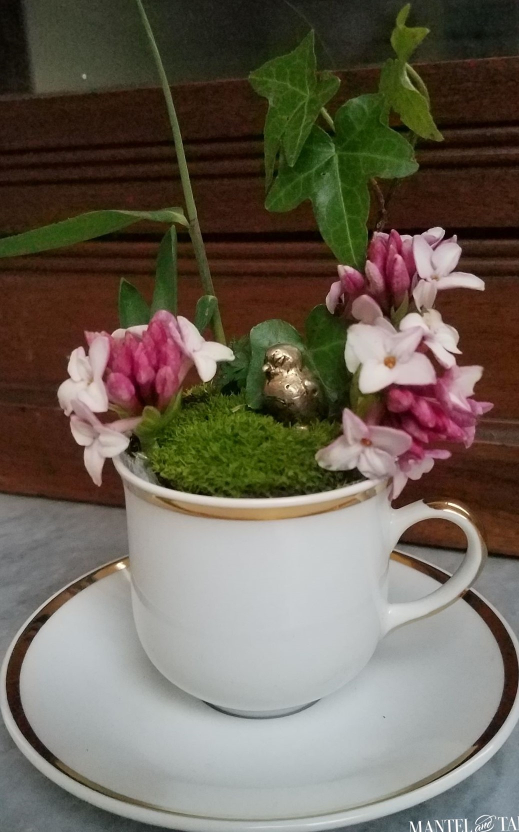 White and gold cup with tiny green plants and pink flowers planted in it