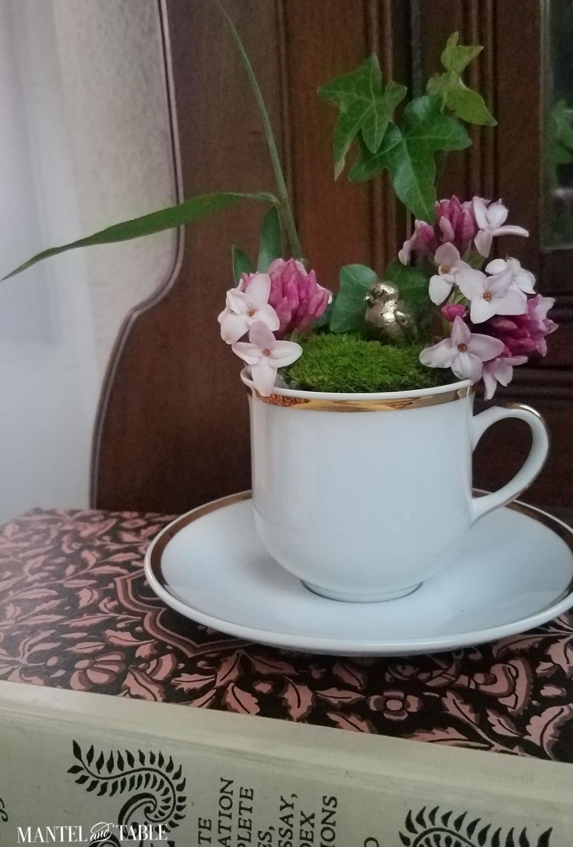 Teacup garden on top of a book on the dresser