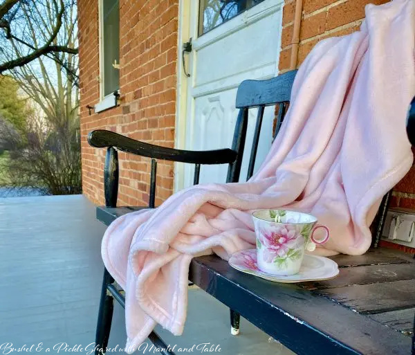The Traveling Teacup resting on a bench on the front porch with pink blanket