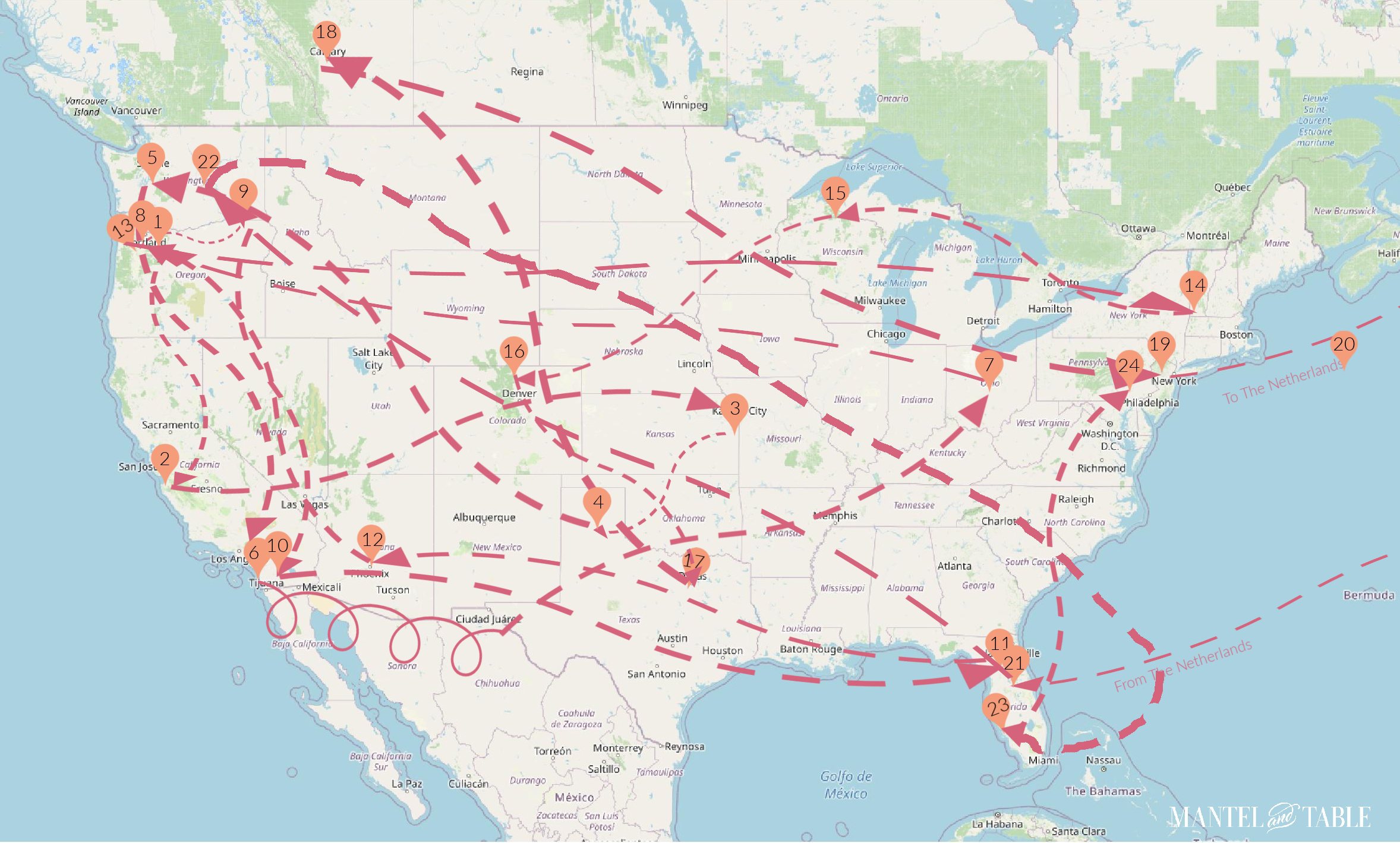 US map with Traveling Teacup routes