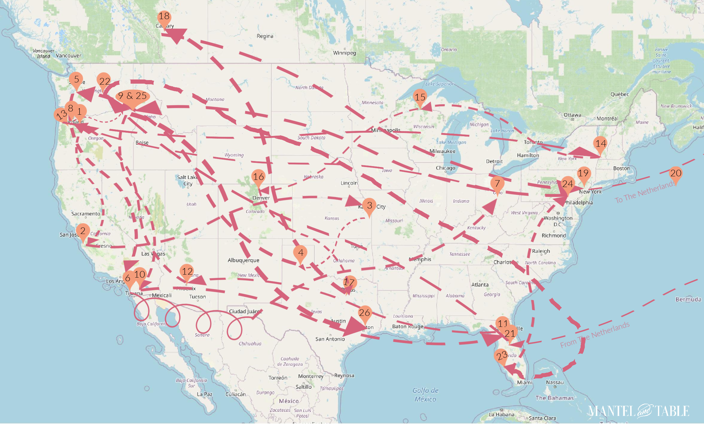 US map with Traveling Teacup routes marked with arrows