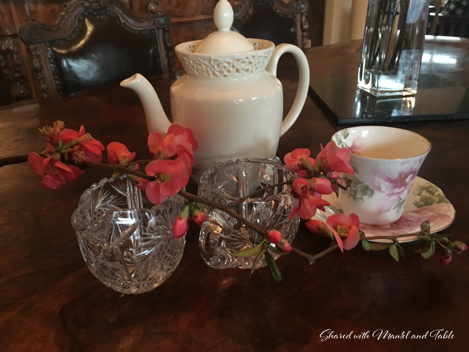 Pink flowered teacup, crystal cream & sugars, and creamware teapot