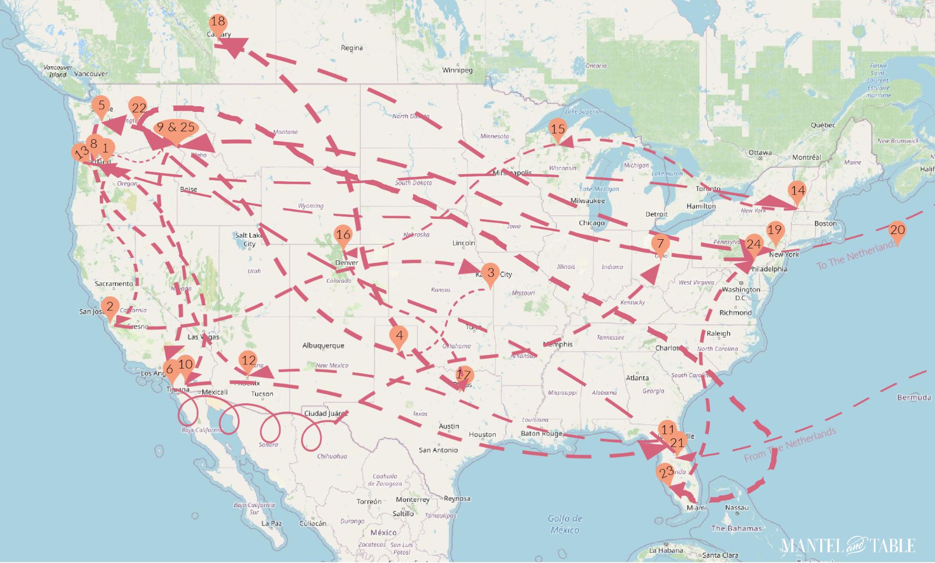 US map with The Traveling Teacup's routes marked