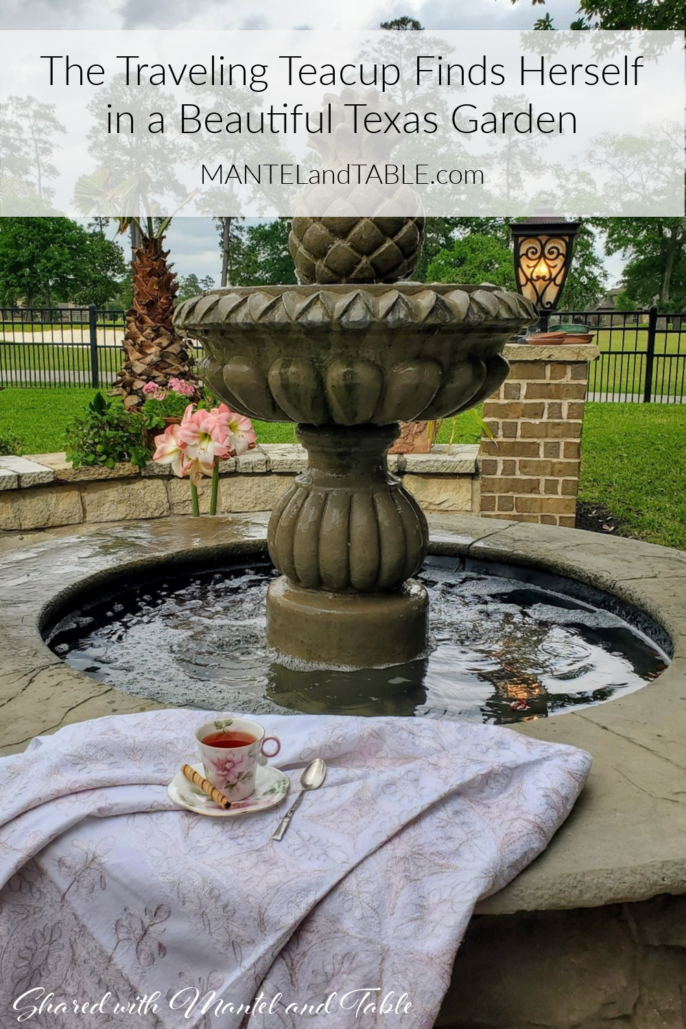 The Traveling Teacup on the edge of a lovely fountain, Pinterest banner