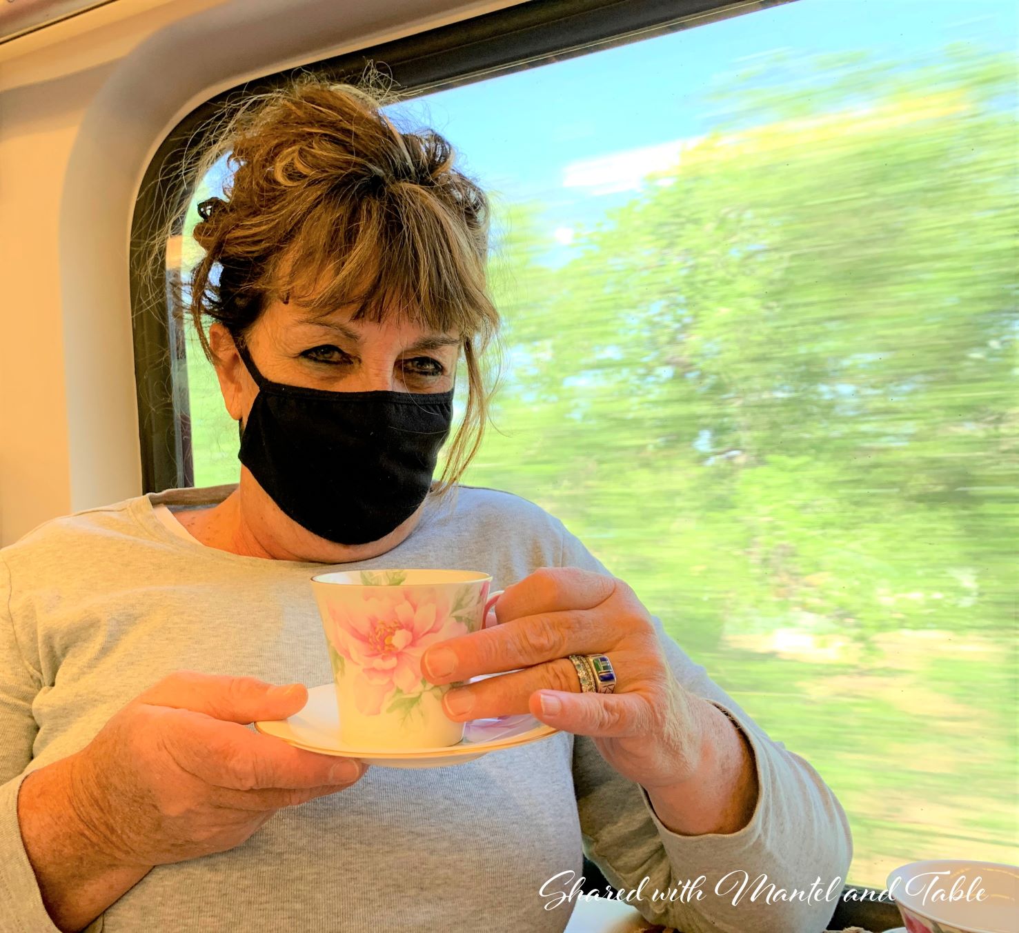 Our teacup host Jeanne holding The Traveling Teacup with a blur of trees out the train window