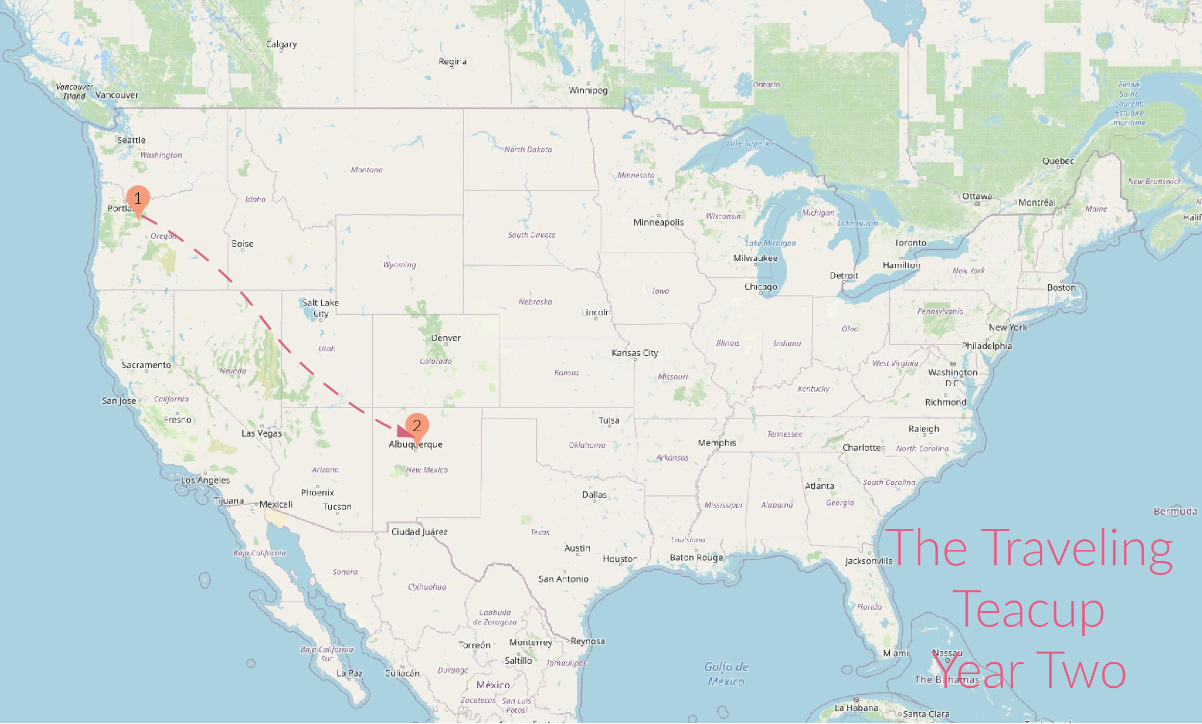US map with flight route marked with pinkj arrow