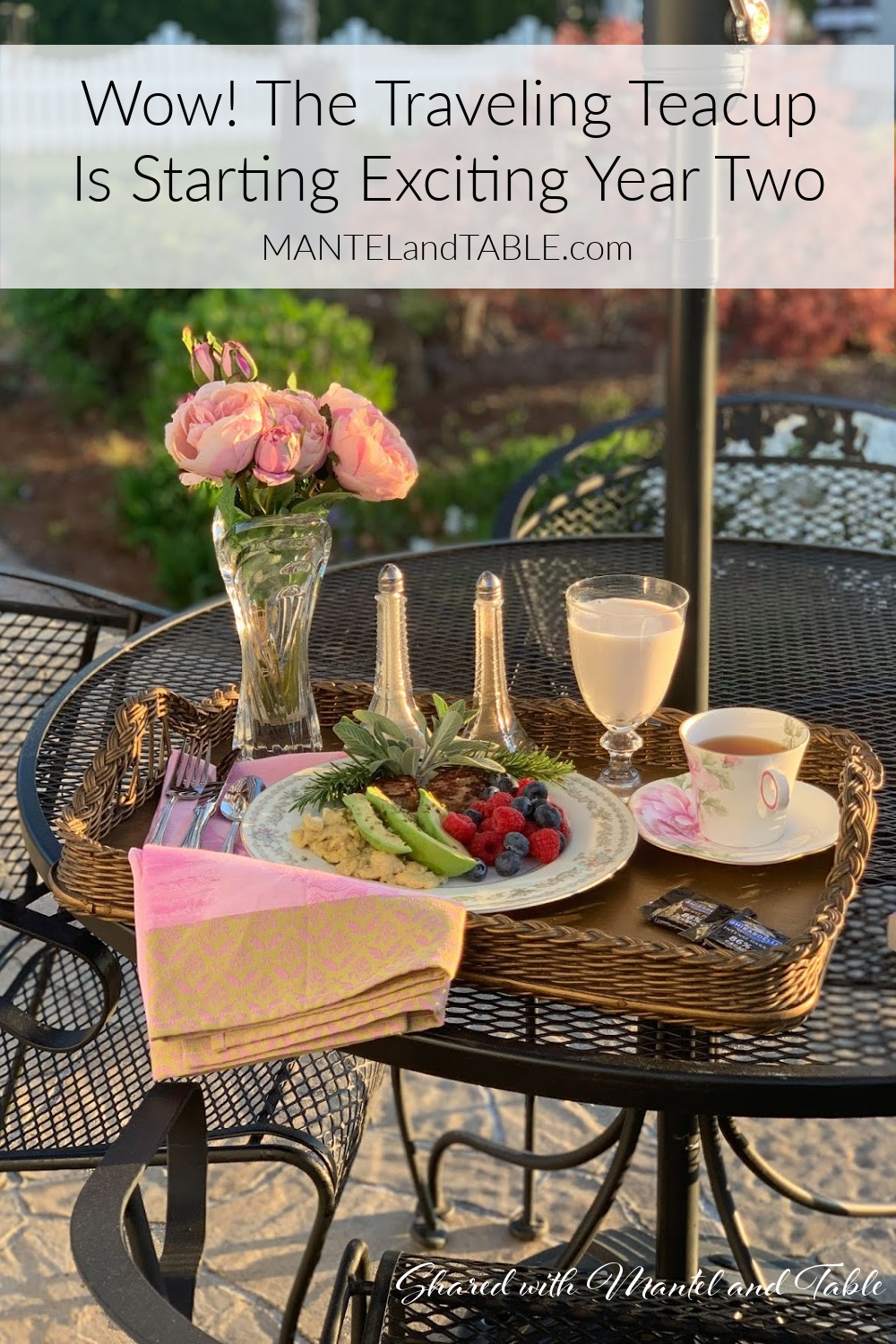 Teacup on an elegant breakfast tray, morning sun in the garden - Pinterest banner