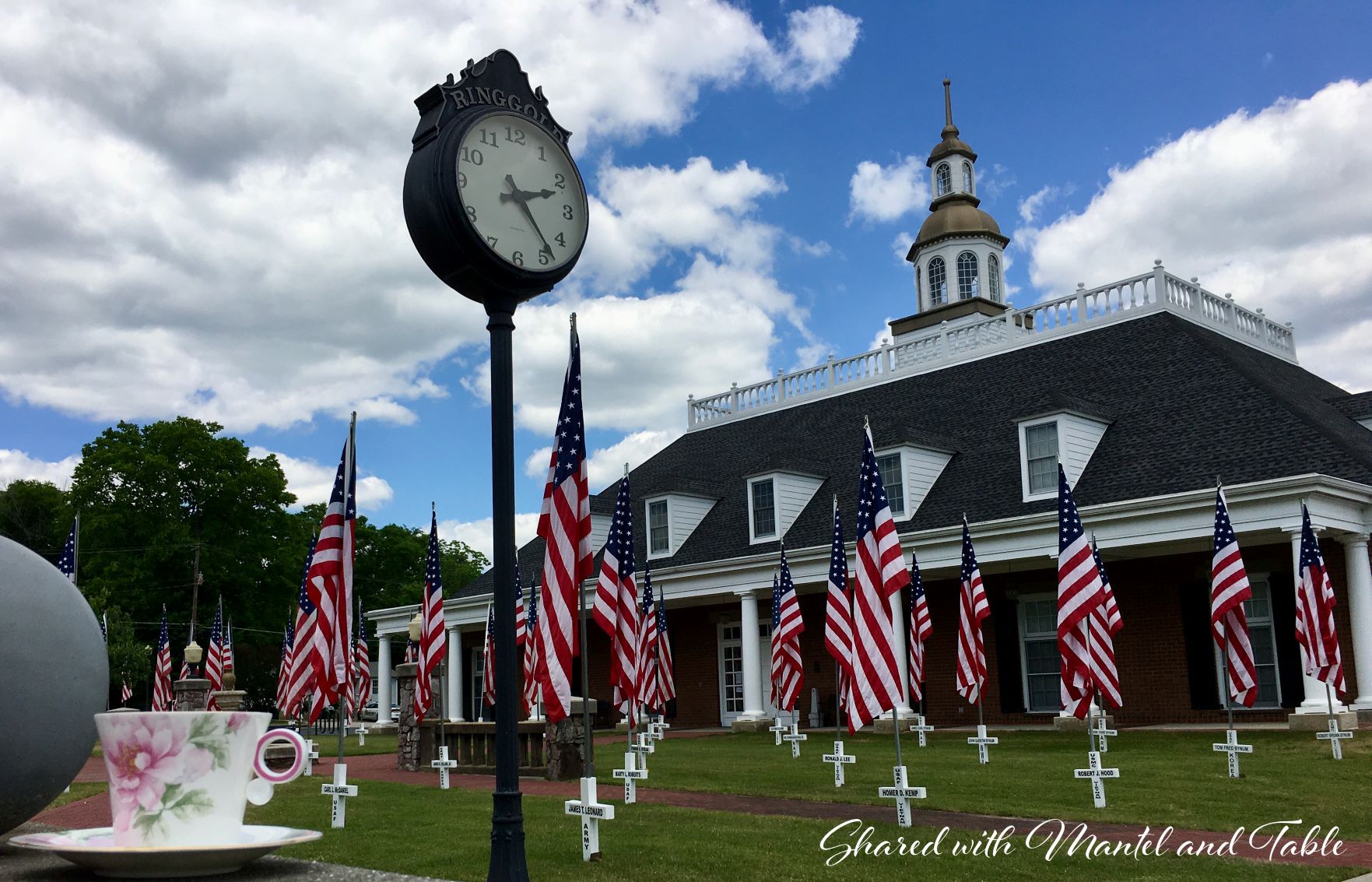 Teacup in front of city hall with Memorial Day flags and crosses in the yard