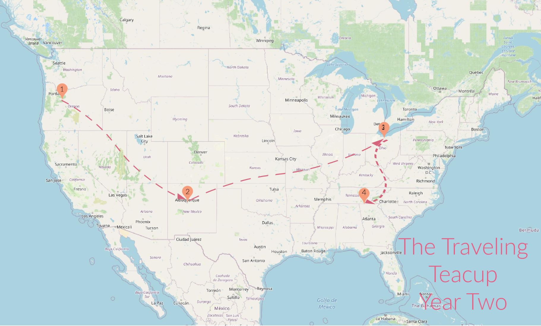 US map with teacup routes marked with arrows