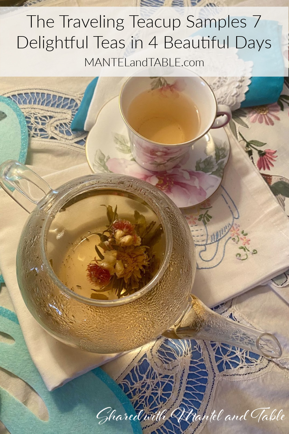 Traveling Teacup with glass pot of flowering peach tea. Pinterest banner