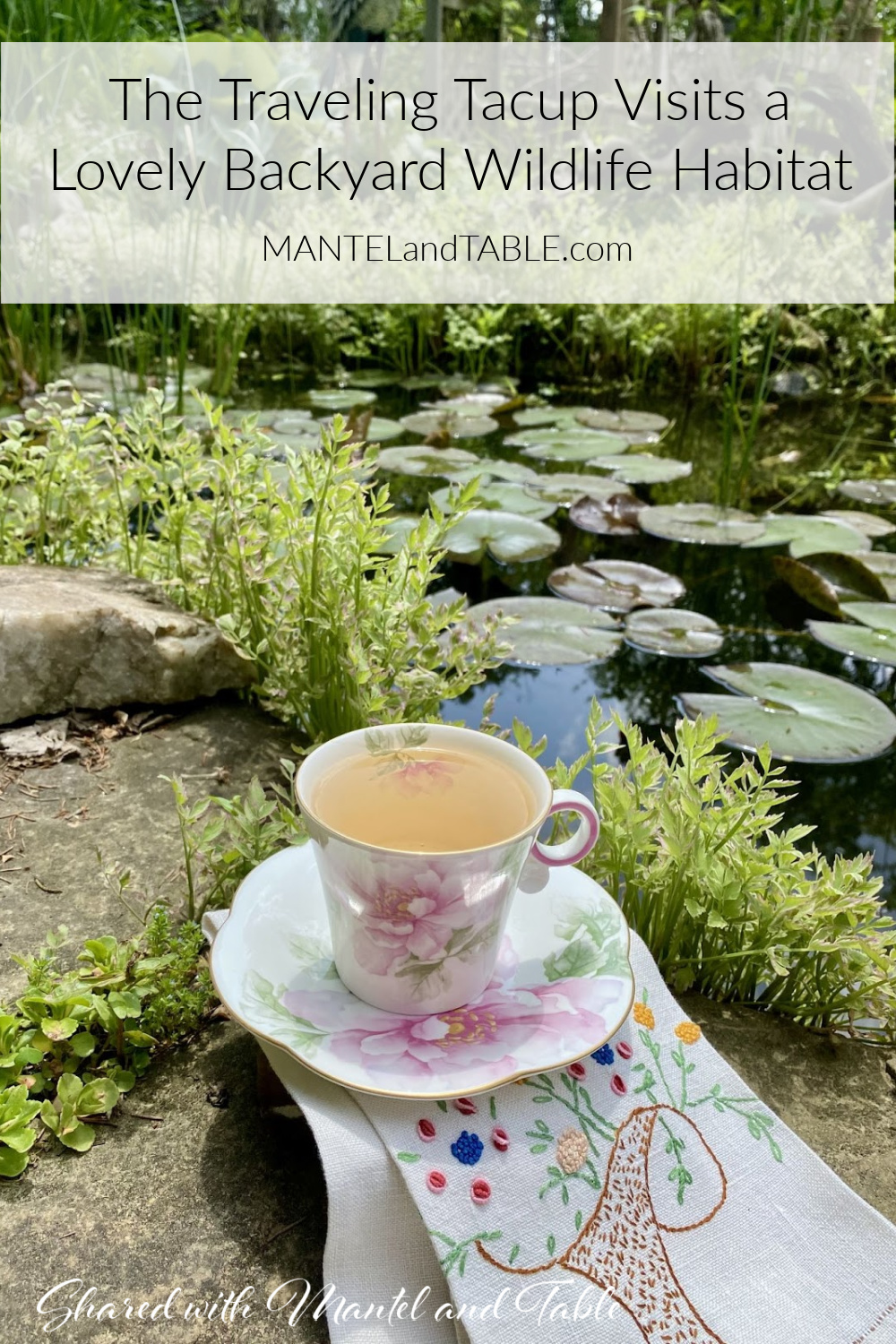Teacup in a backyard wildlife habitat Pinterest banner