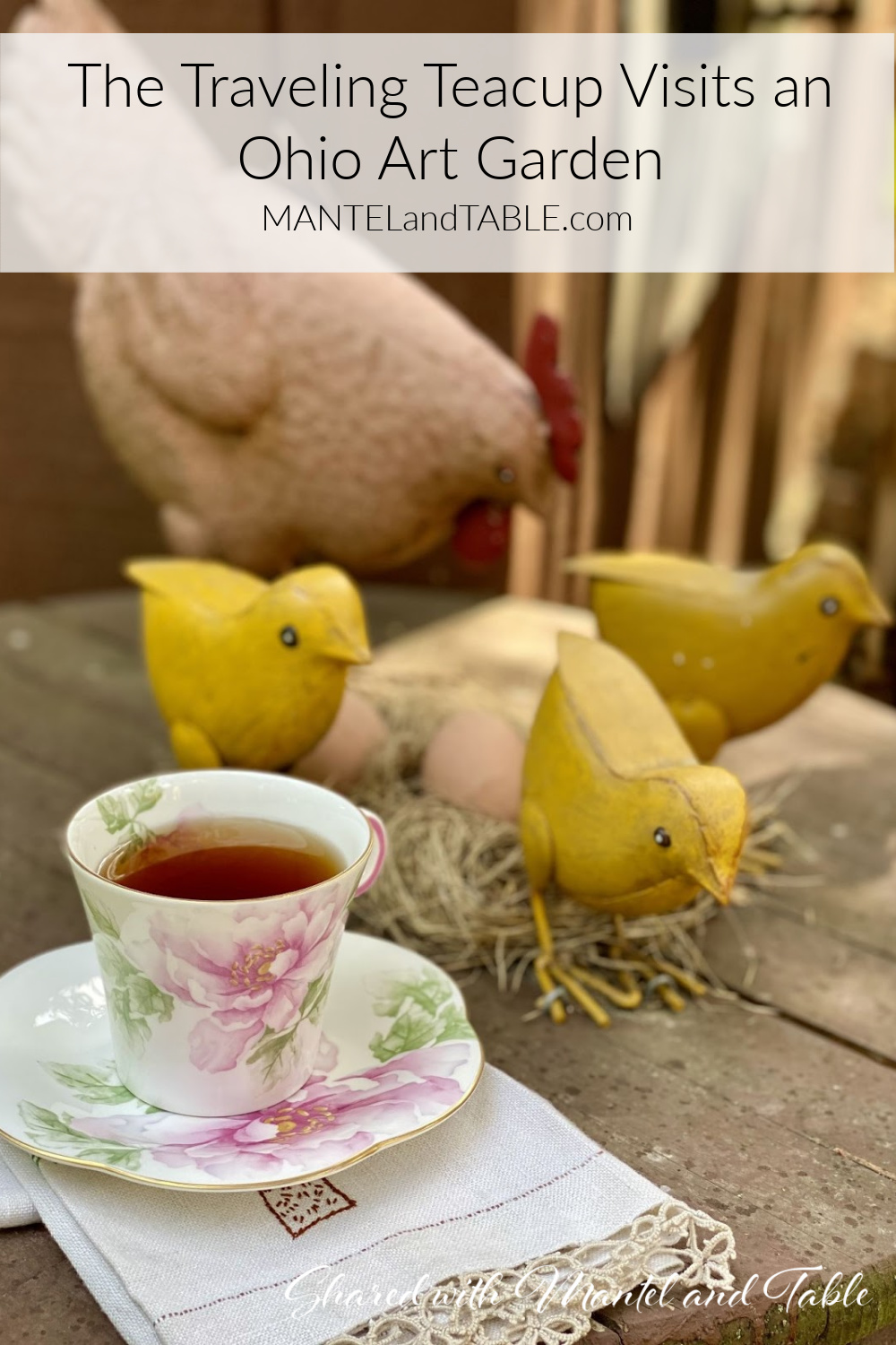 Teacup with chicken sculptures. Pinterest banner