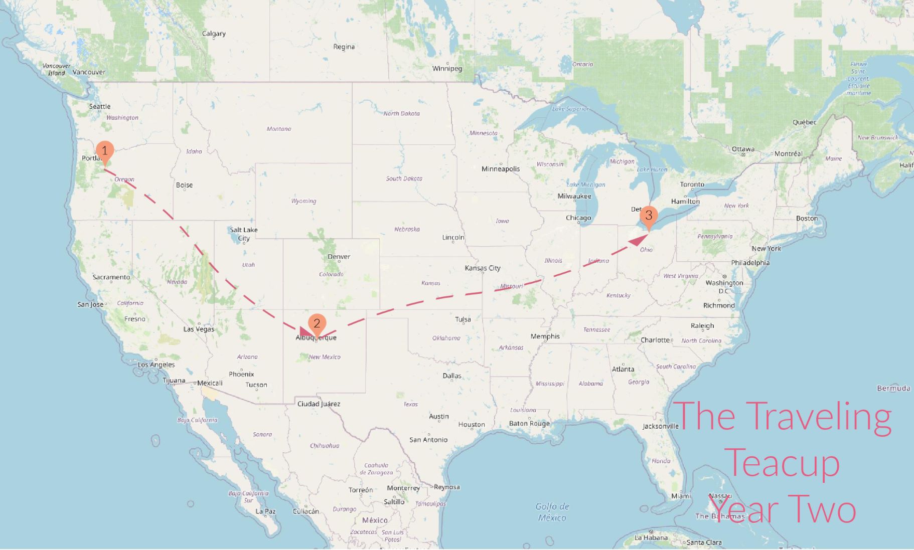 US map with Traveling Teacup routes and stops
