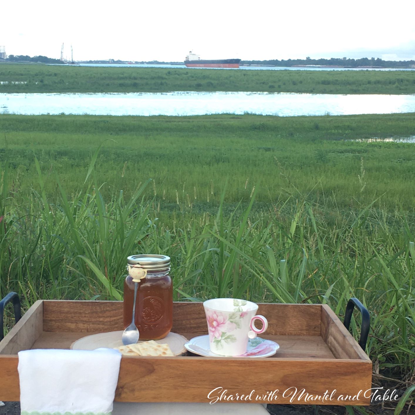 Beautiful view of ships in the Montz Louisiana spillway, seen from across a wooden tray holding The Traveling Teacup, a jar of honey, crackers, and teaspoon