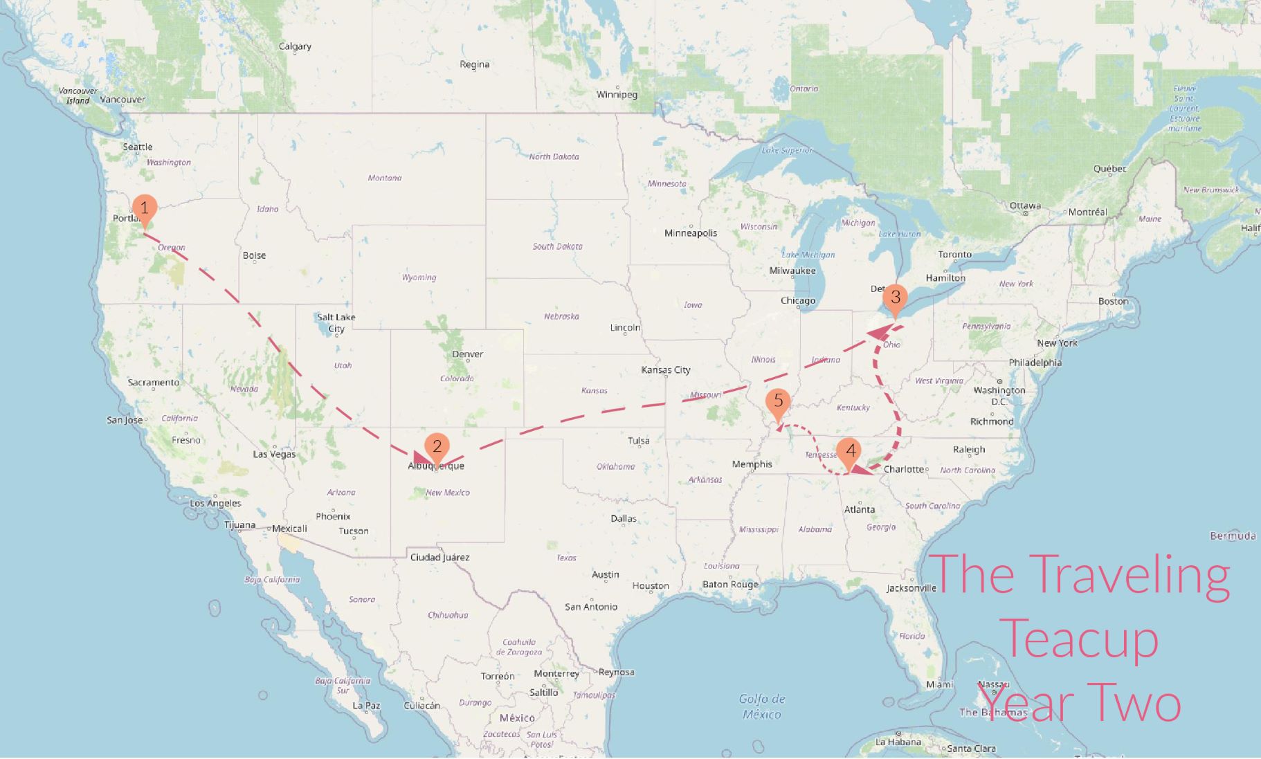 US map with Traveling Teacup stops and routes
