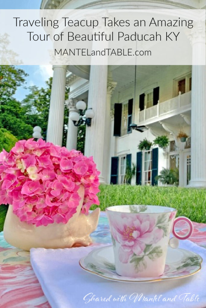 Pink & White teacup on the lawn in front of white pillared mansion. Pinterest banner.