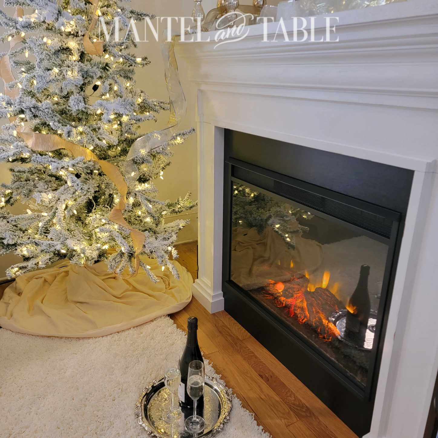 Close up of electric fireplace and Christmas tree
