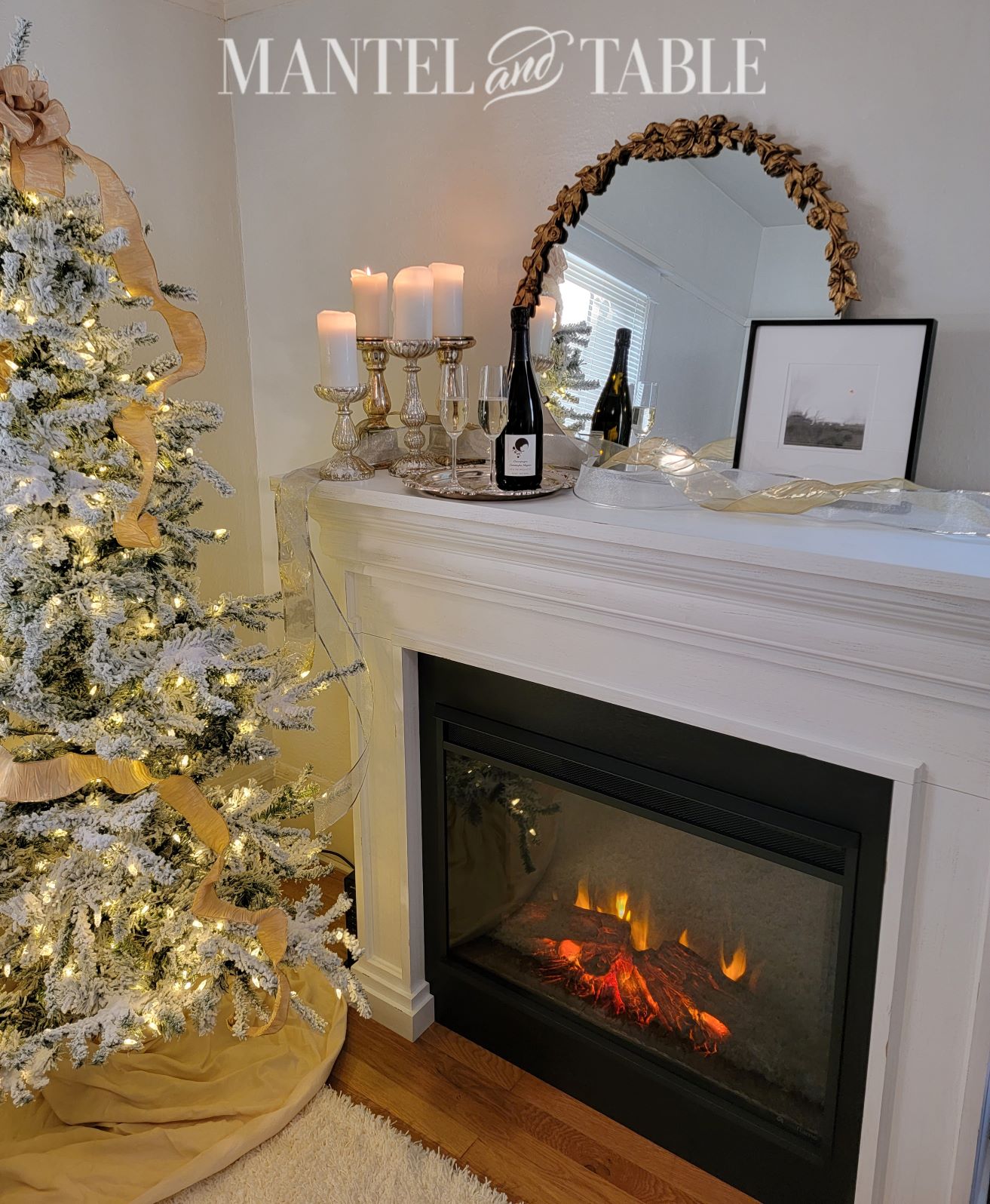 decorated mantel with champagne glasses