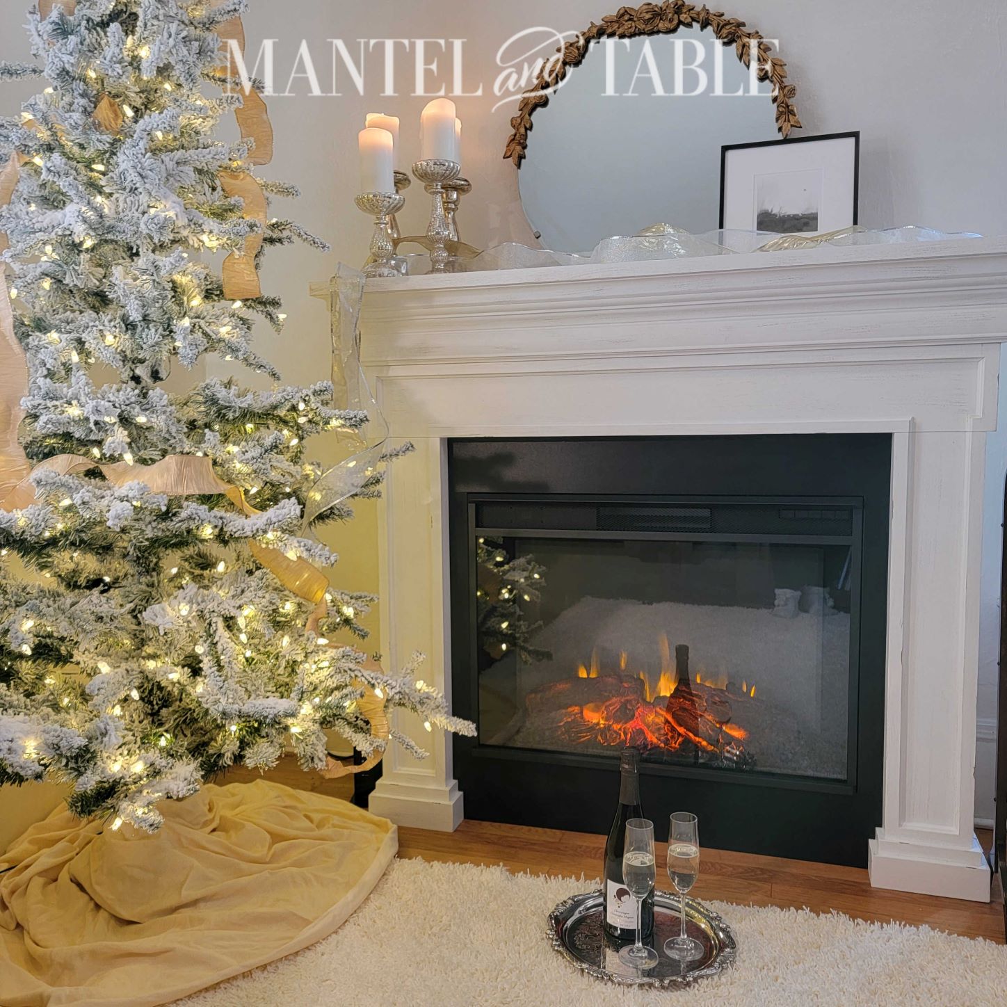 New mantel with flames in fireplace