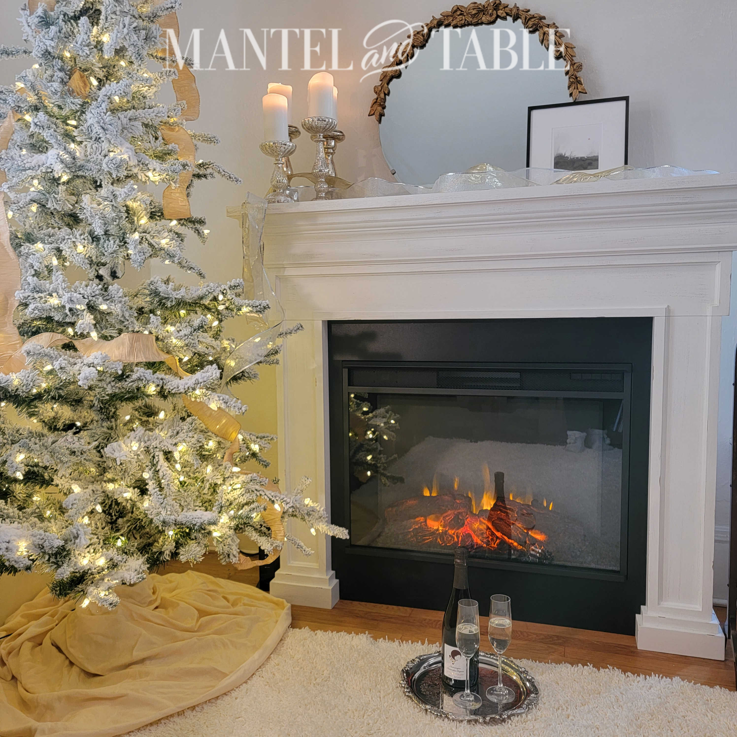 Candle holders on mantel next to Christmas tree