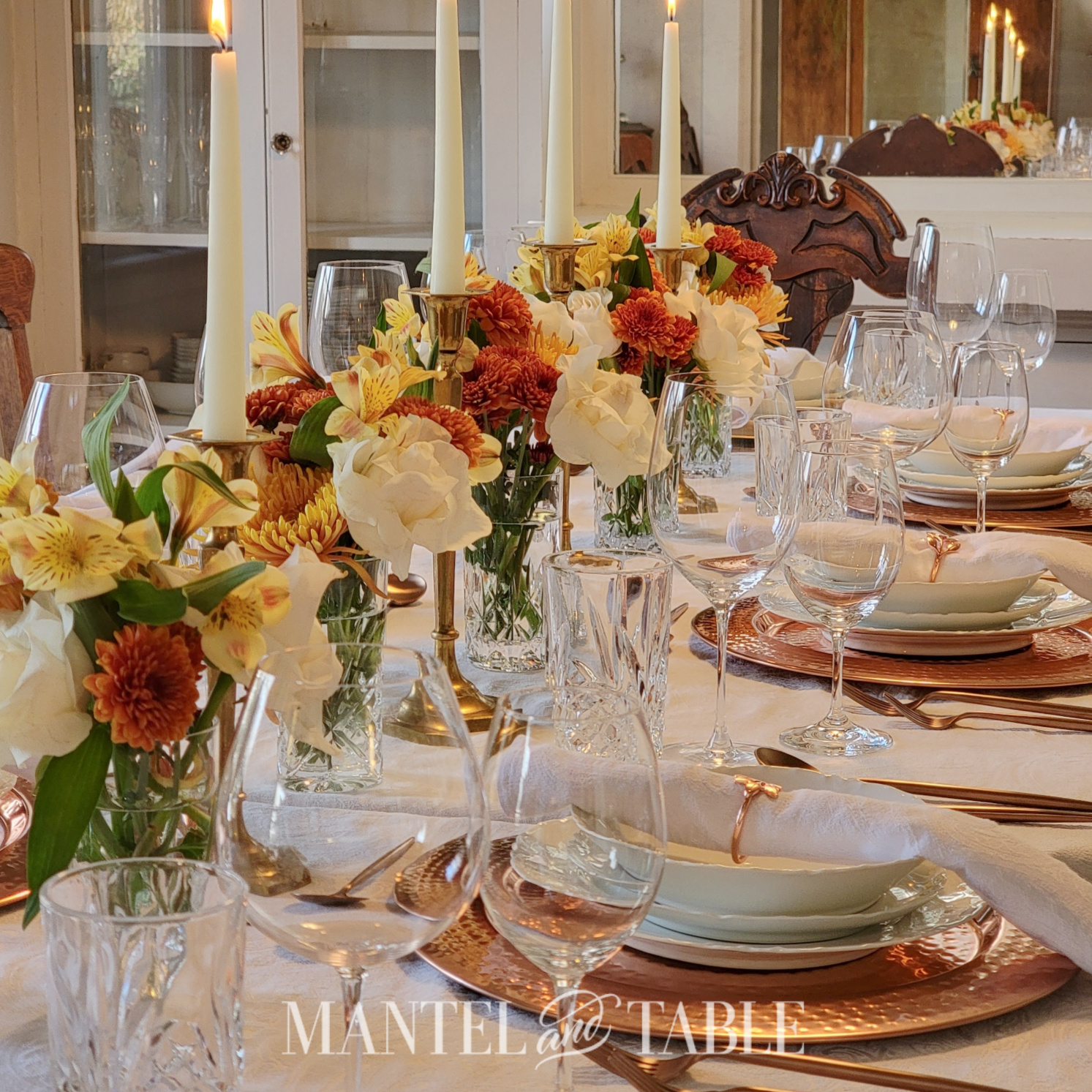 Tablescape with flowers and copper