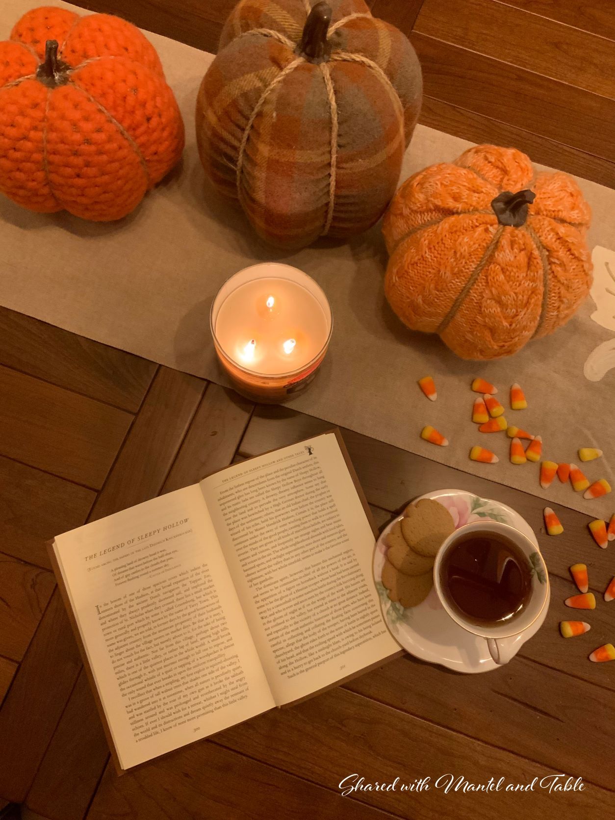 The Traveling Teacup on a table with a book at Halloween
