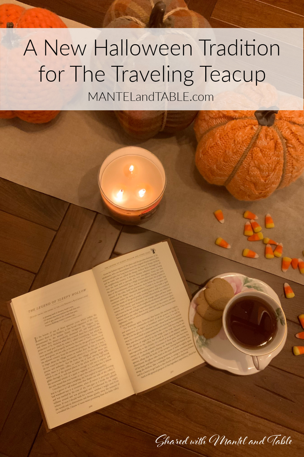 The Traveling Teacup with book at Halloween. Pinterest banner