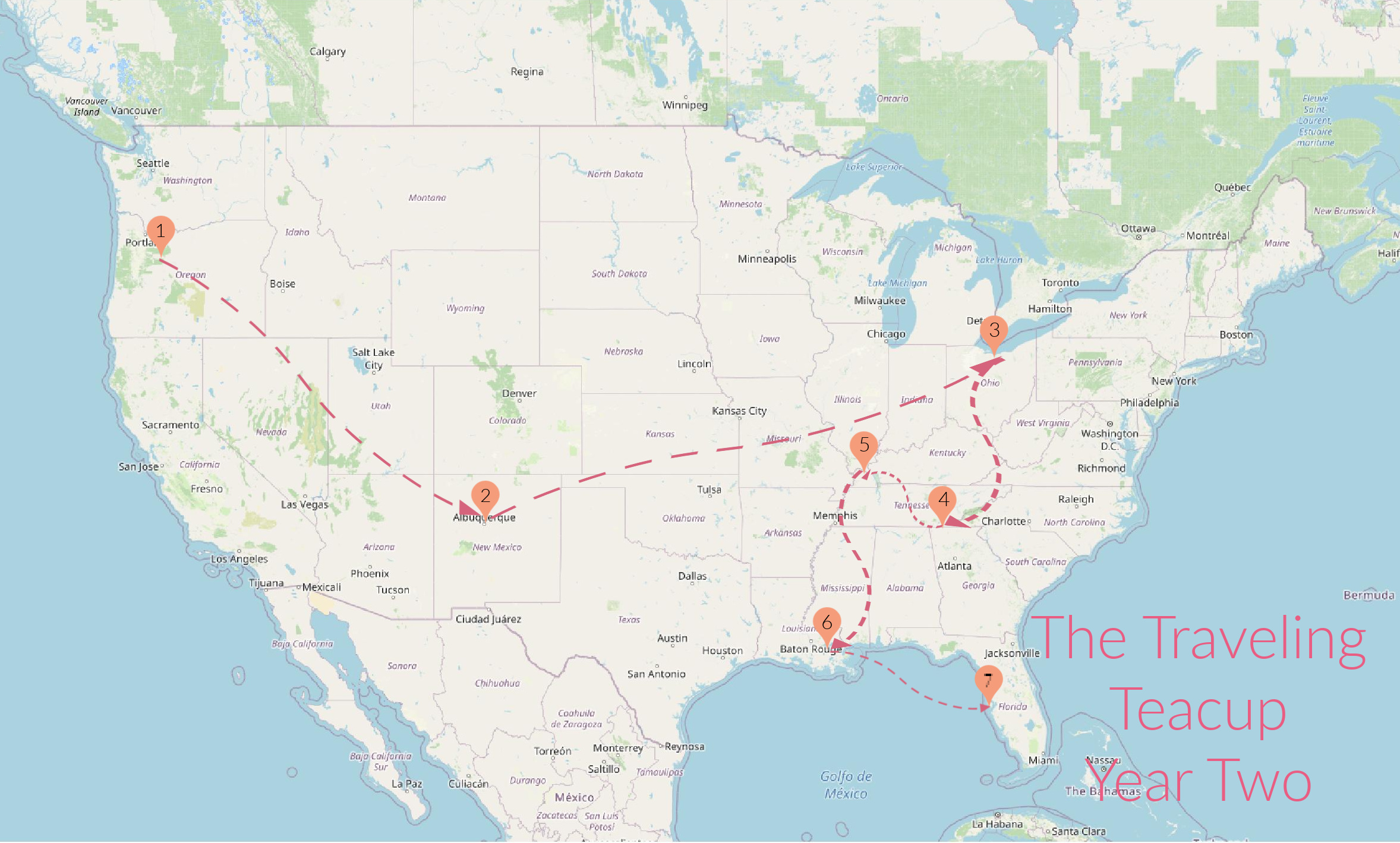 US map with The Traveling Teacup's route