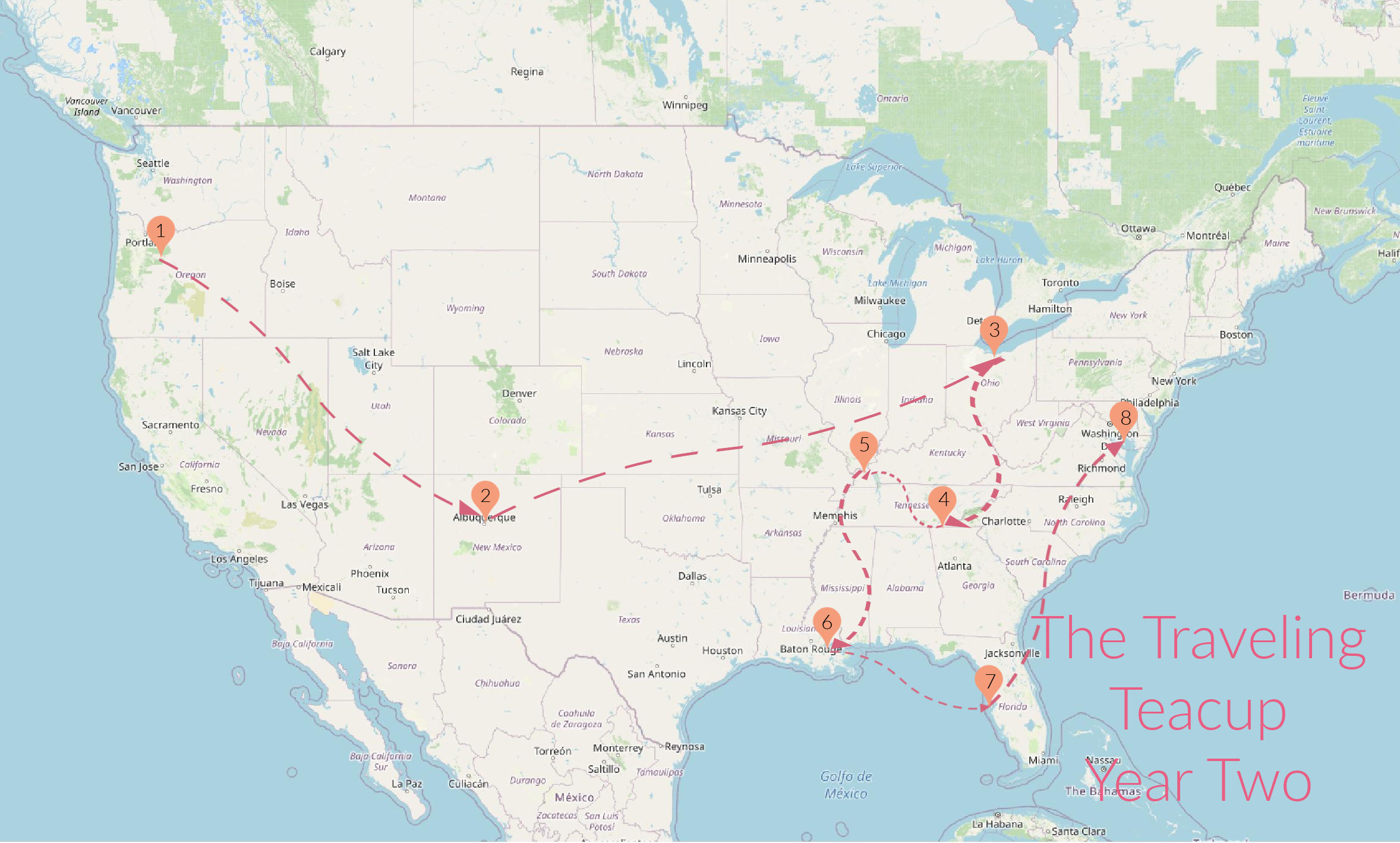 US map with Traveling Teacup routes marked