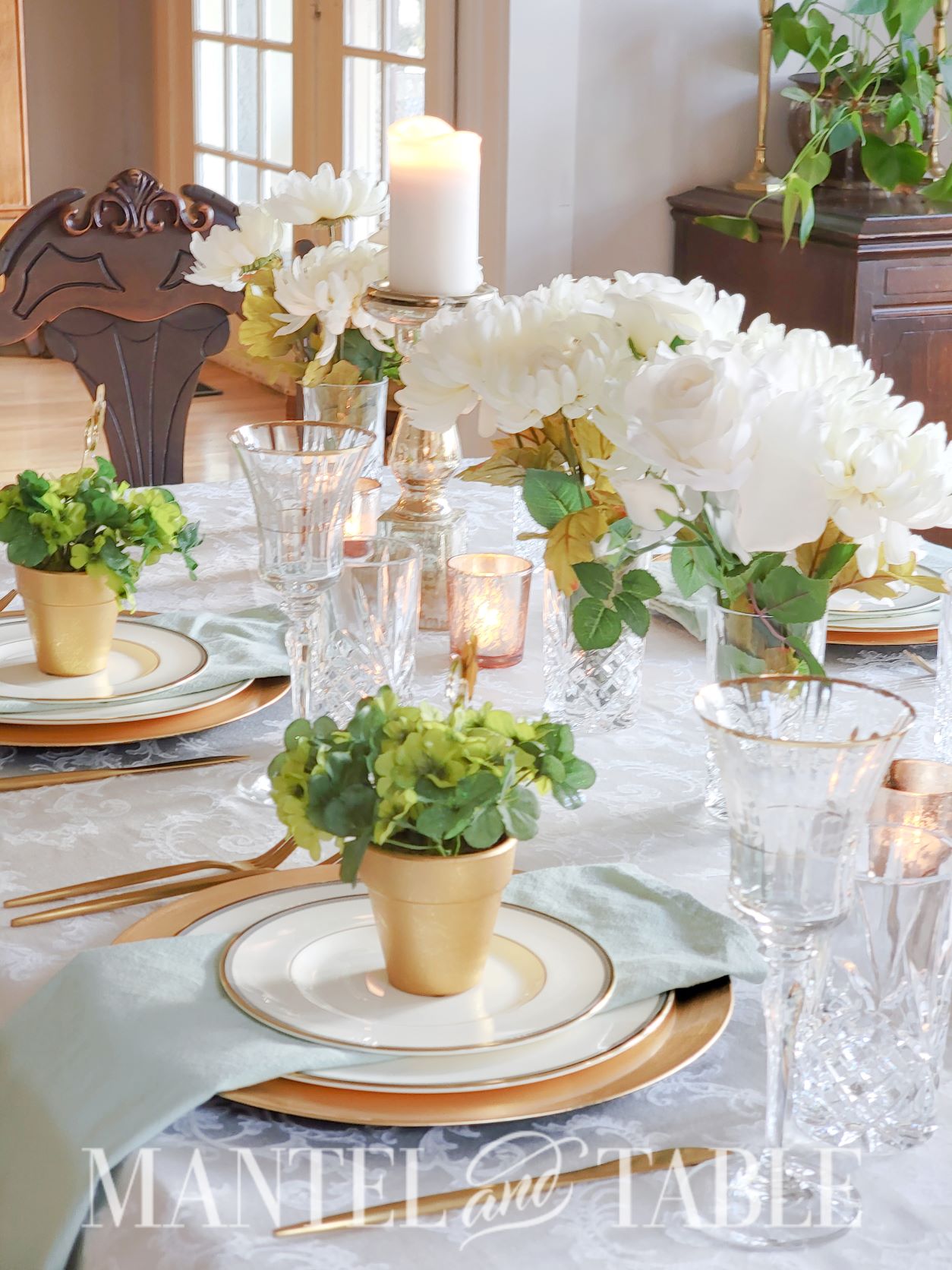 Green and gold St Patrick's Day tablescape