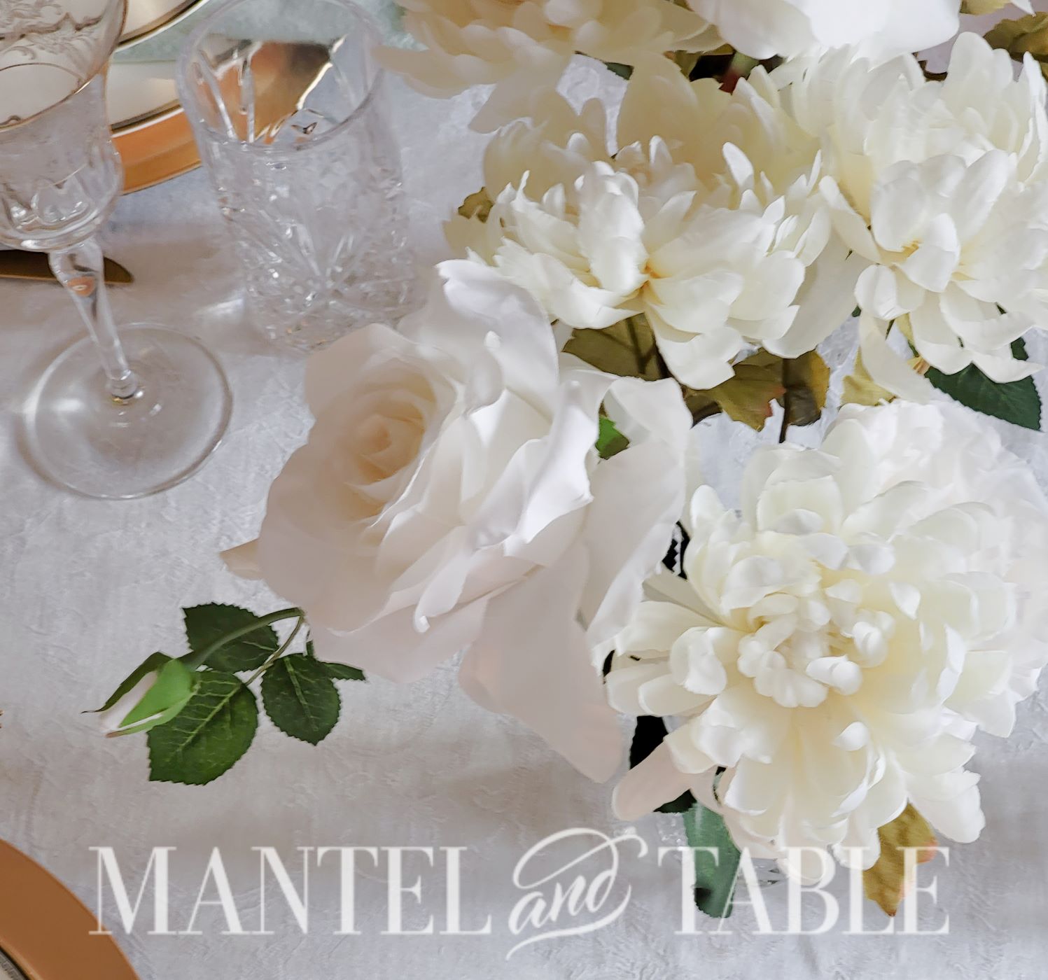White flower centerpieces on St Patrick's Day tablescape