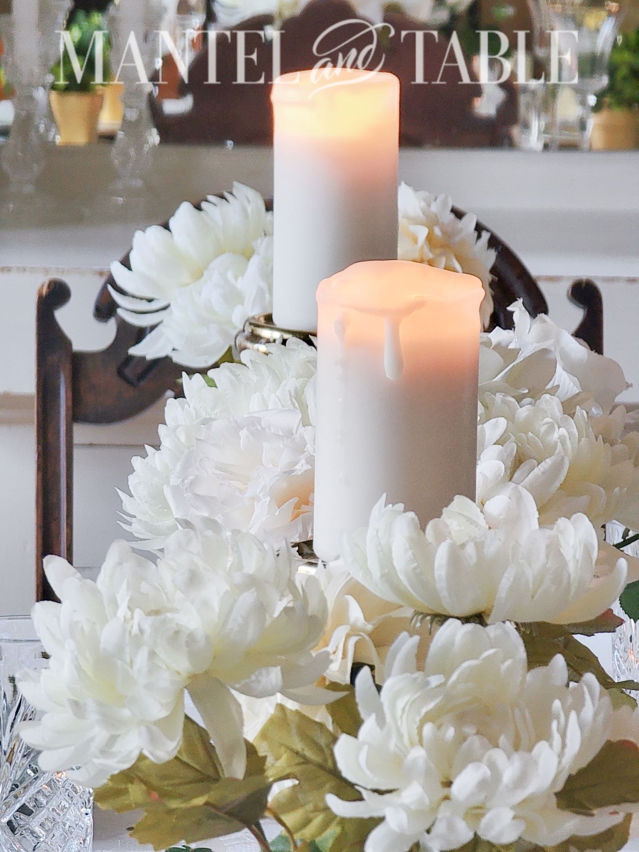 Closeup of white flowers and candles