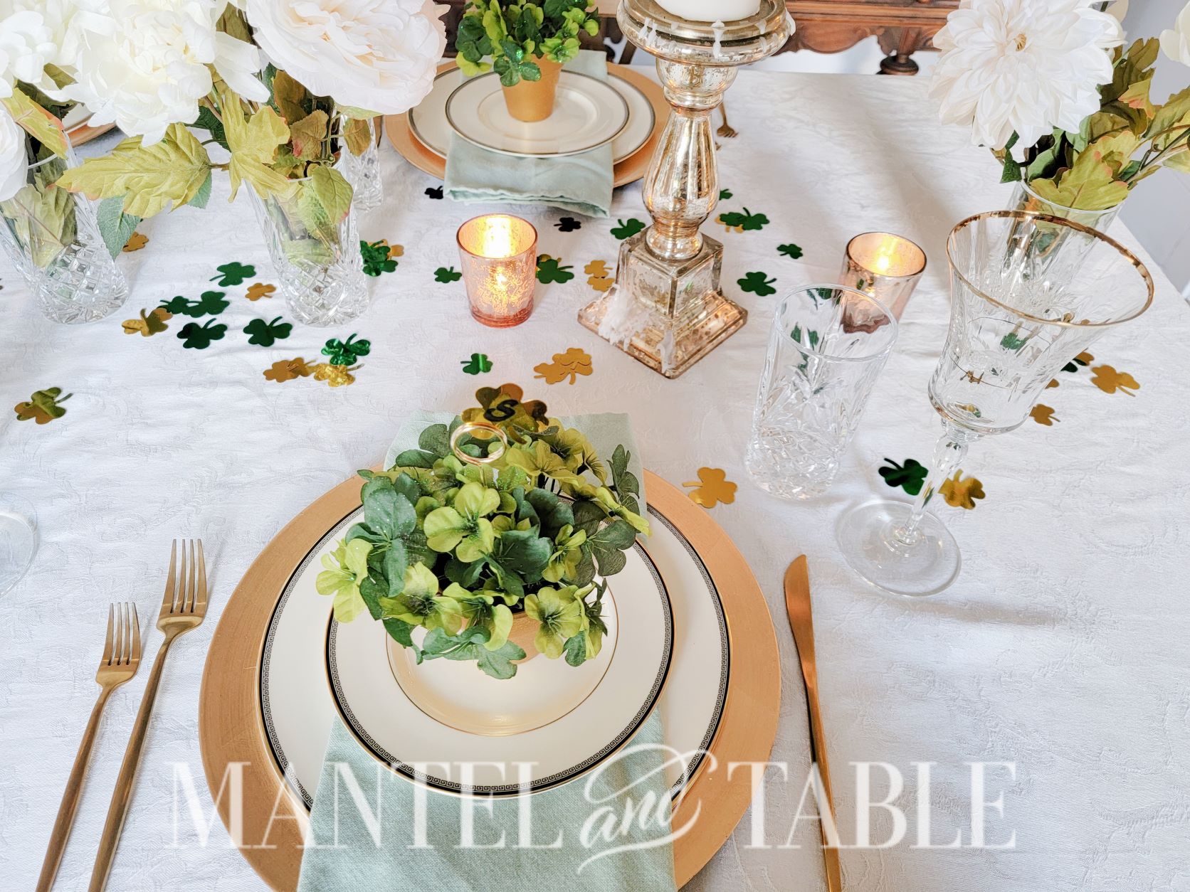 St Patrick's Day tablescape with metallic shamrock confetti