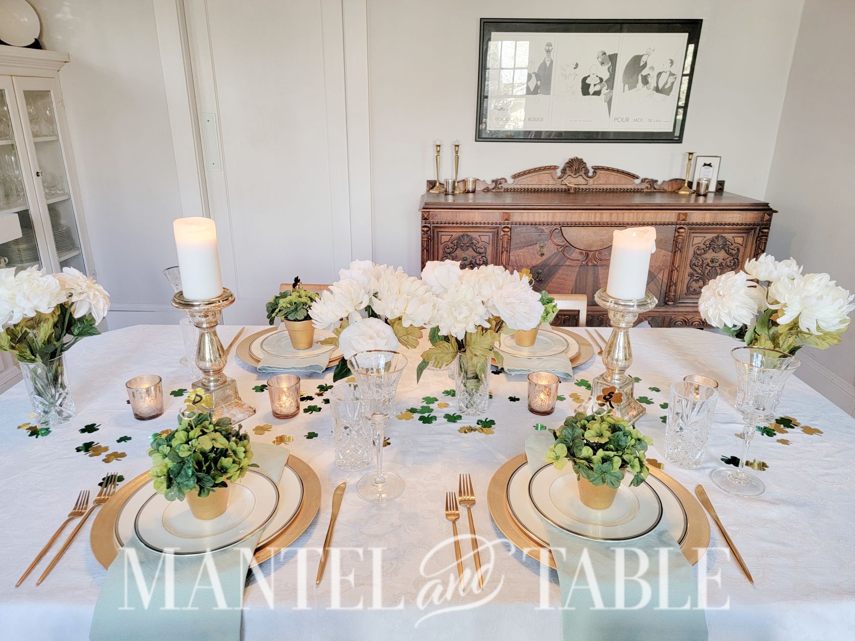 St Patrick's Day tablescape with confetti - side view