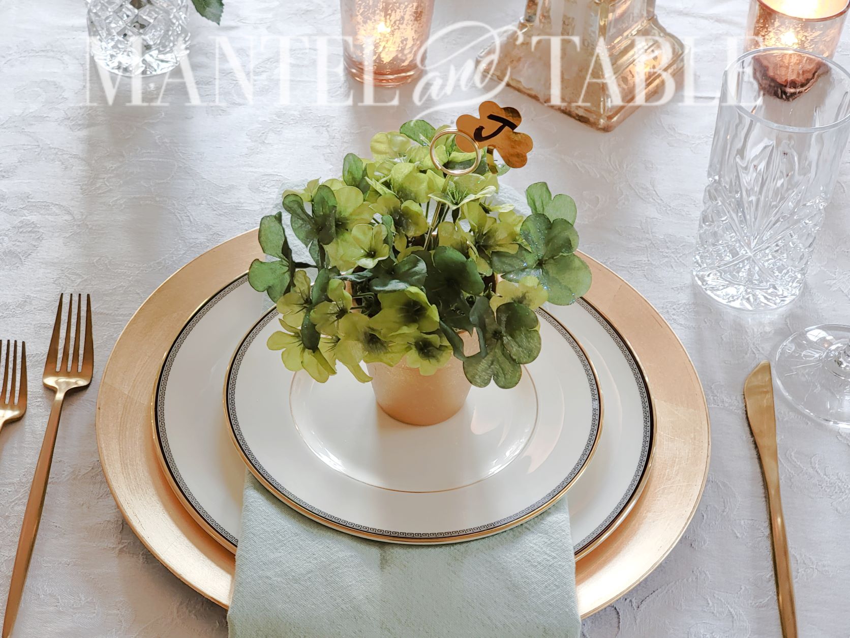 Gold and green St Patrick's Day tablescape