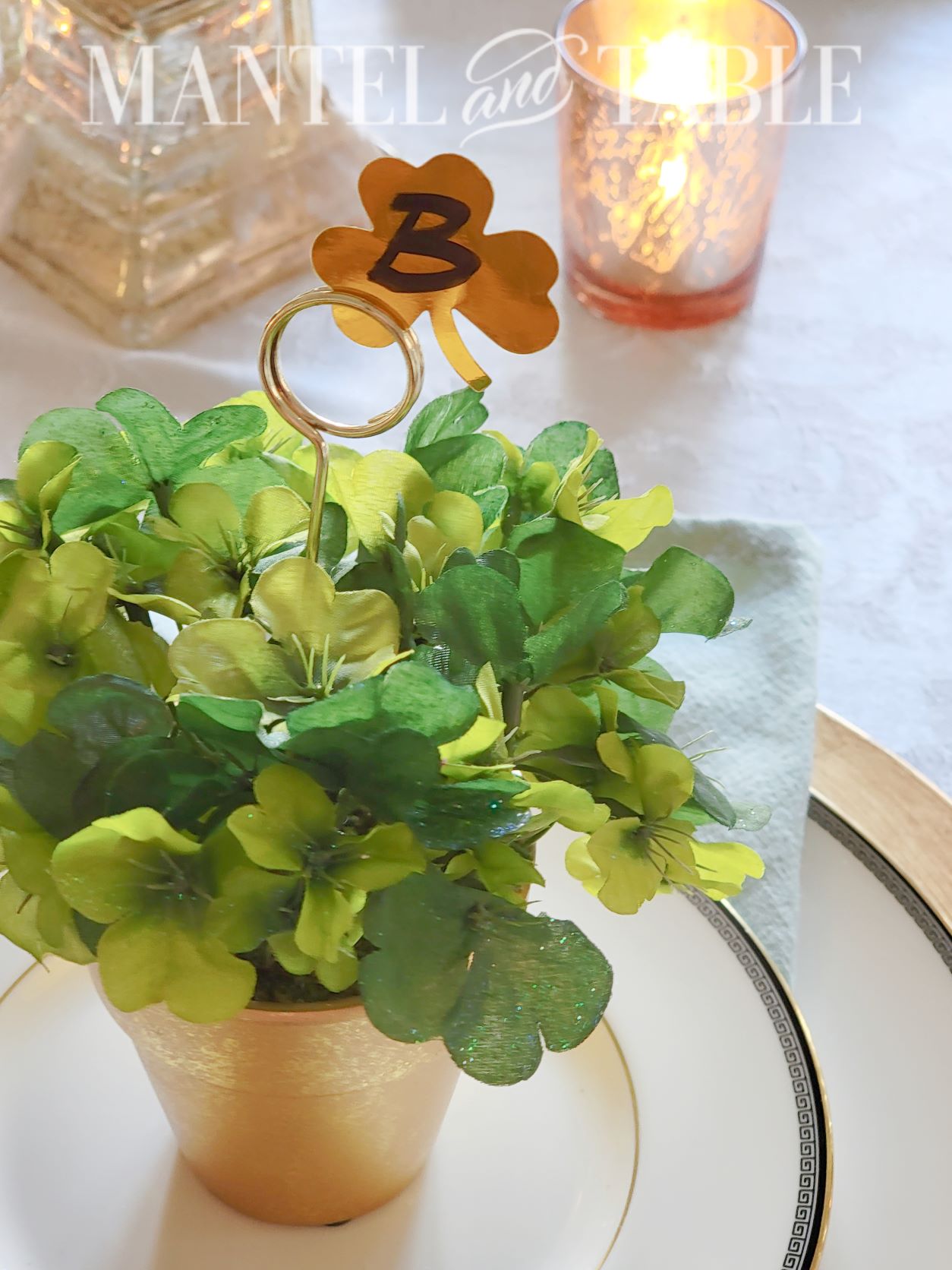 Faux shamrock in gold pot with gold shamrock shaped place card