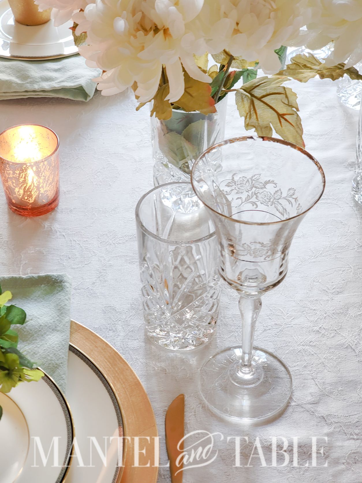closeup of crystal glassware in a St Patrick's Day tablescape