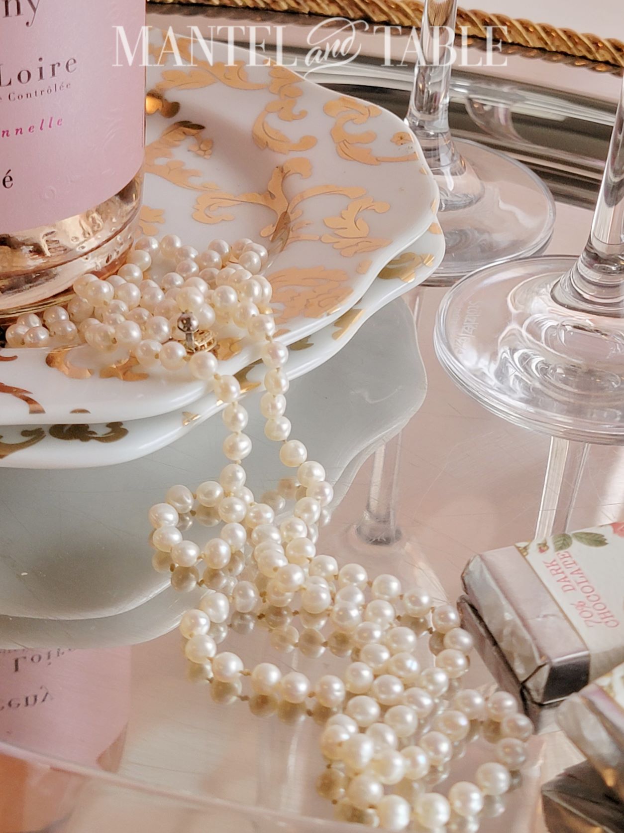 Closeup of pearls on Valentines tray