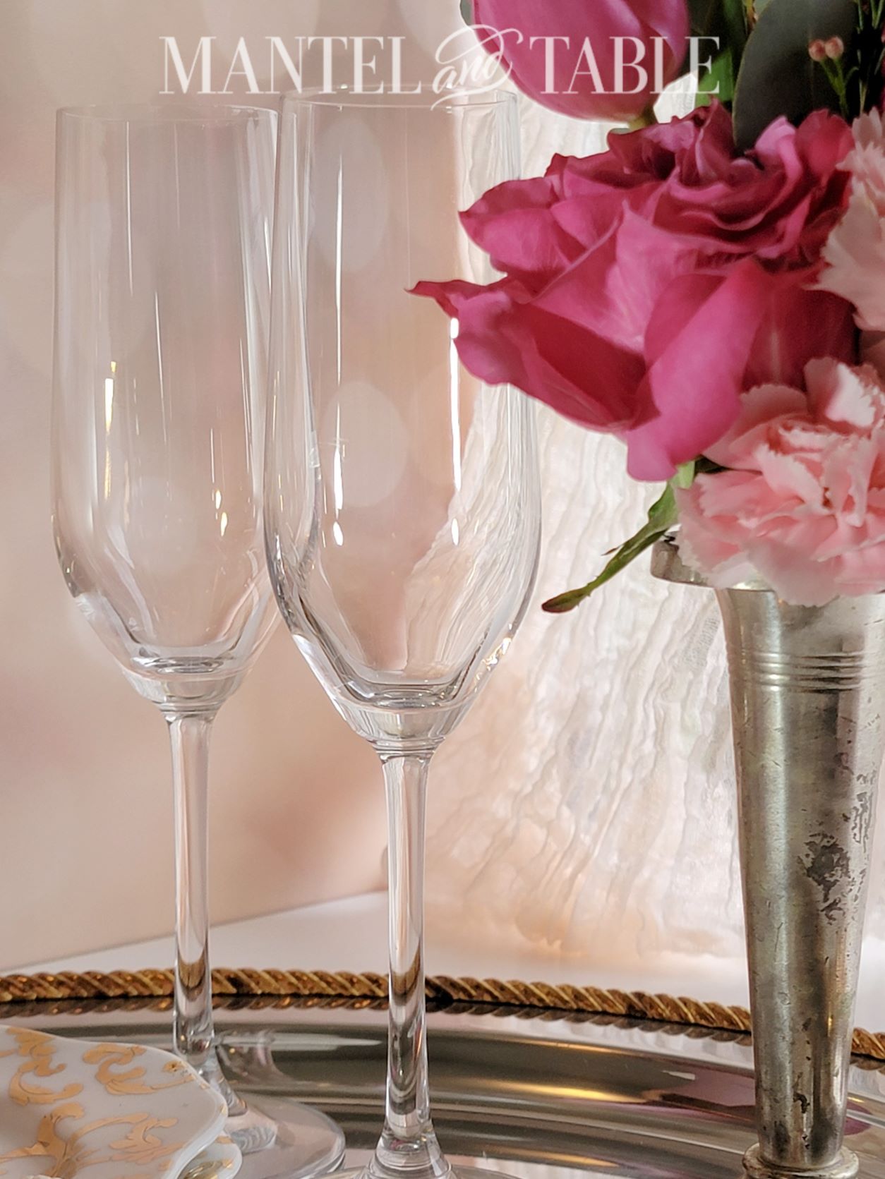 Close up of champagne glasses on Valentines tray