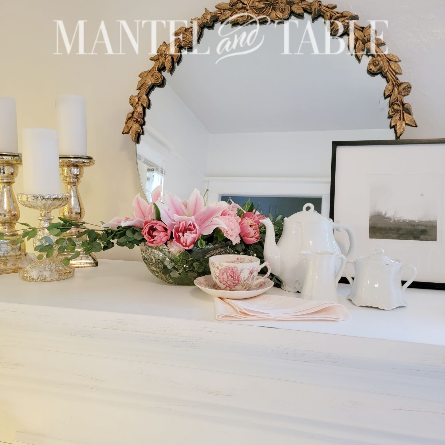 Pink teacup on white mantel