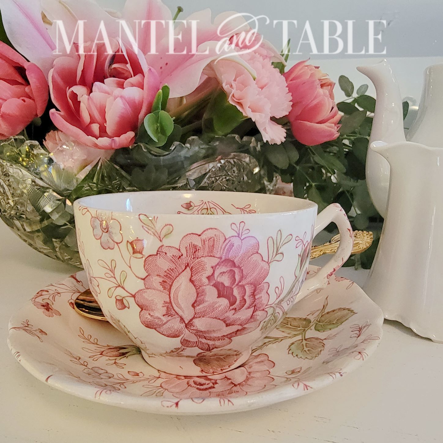 Close up of floral design on Rose Chintz teacup