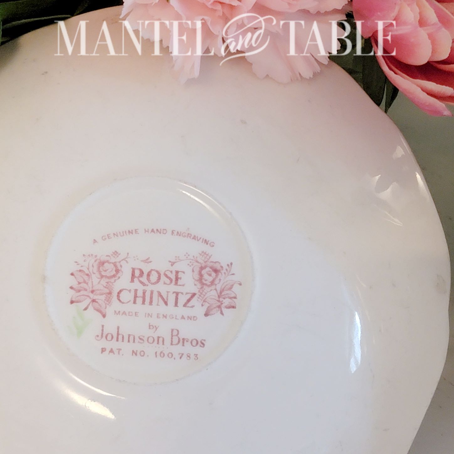 Bottom of saucer "Rose Chintz Made in England by Johnson Bros"