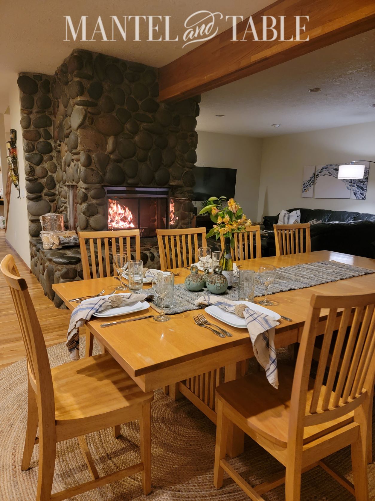 Set a beautiful table - full view of tablescape with fireplace behind