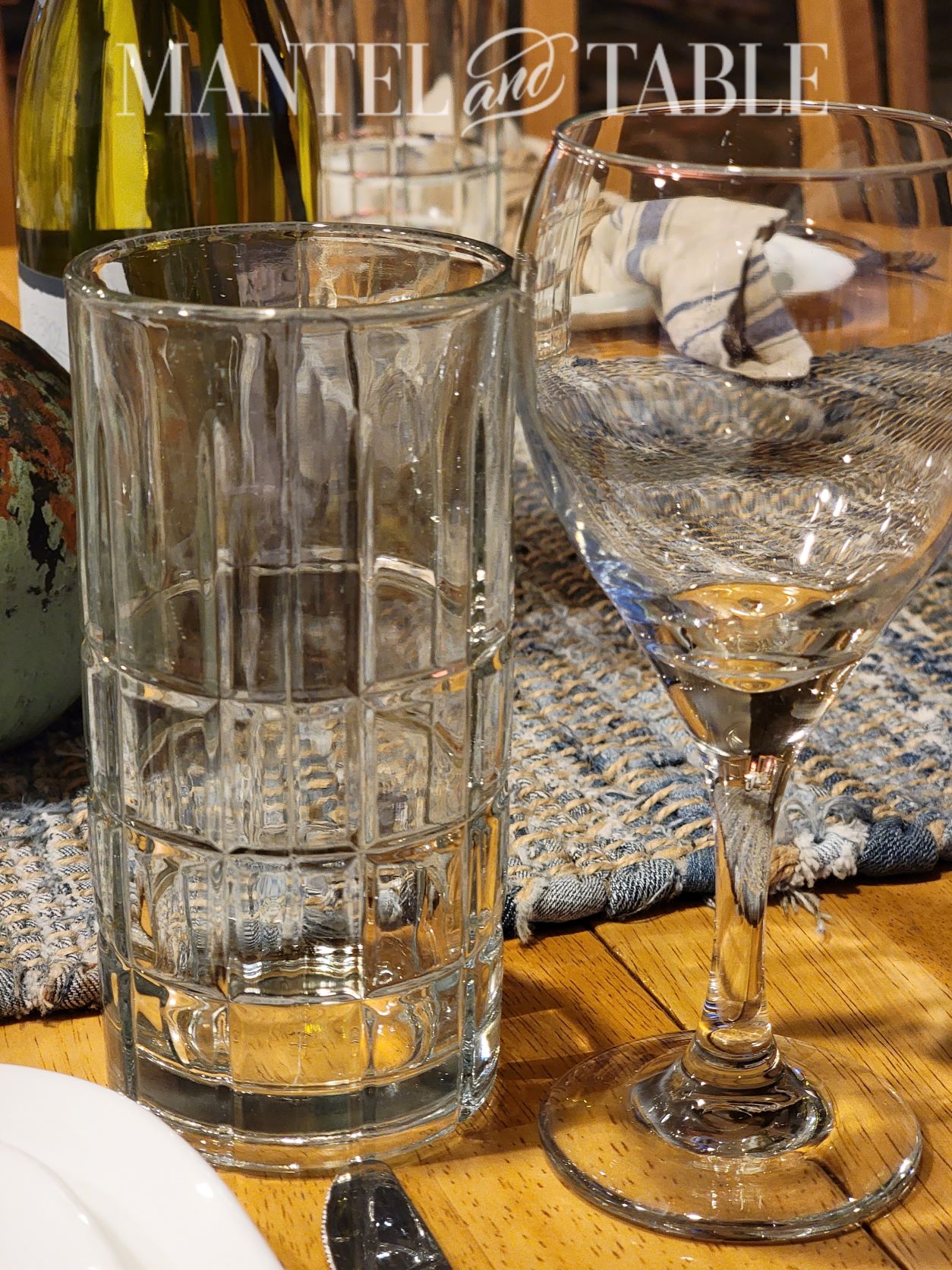 Closeup of water and wine glasses on the table