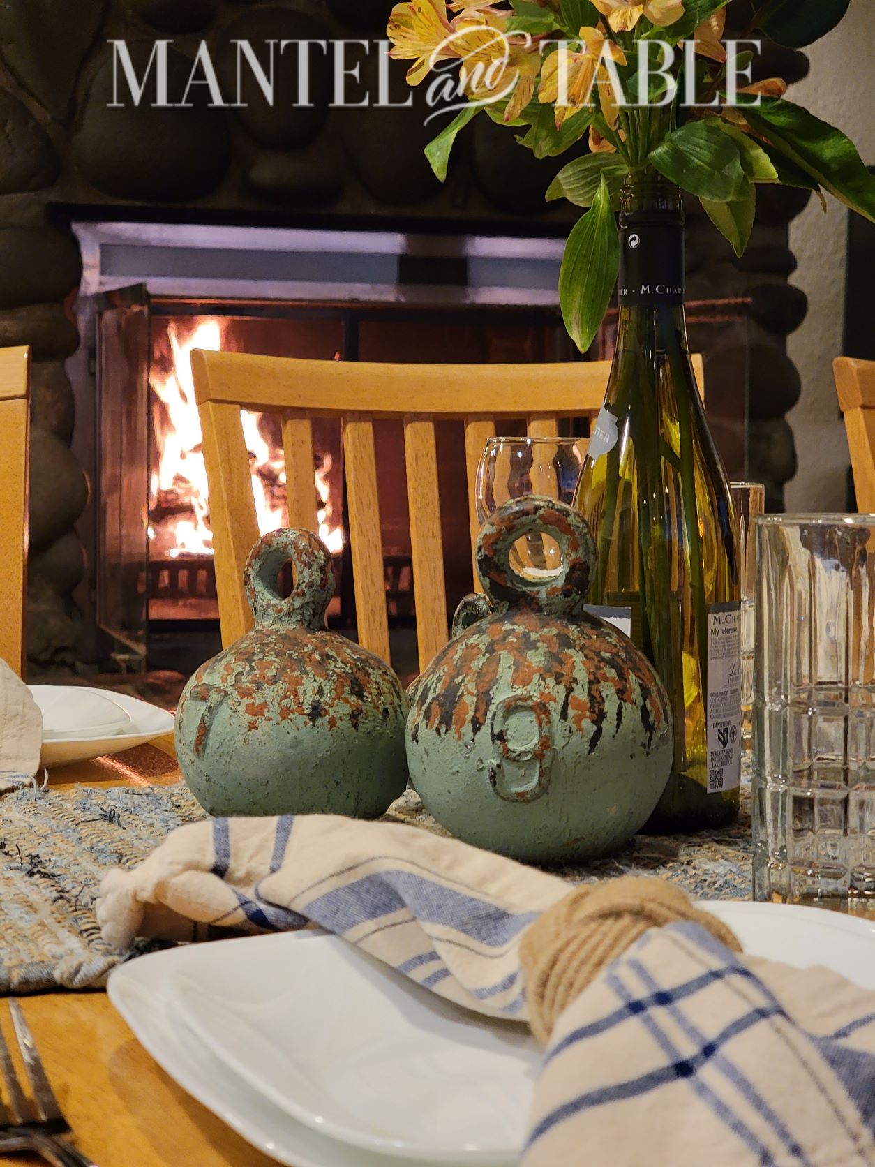 Set a Beautiful Table - closeup of fishing net weights with fireplace in the background