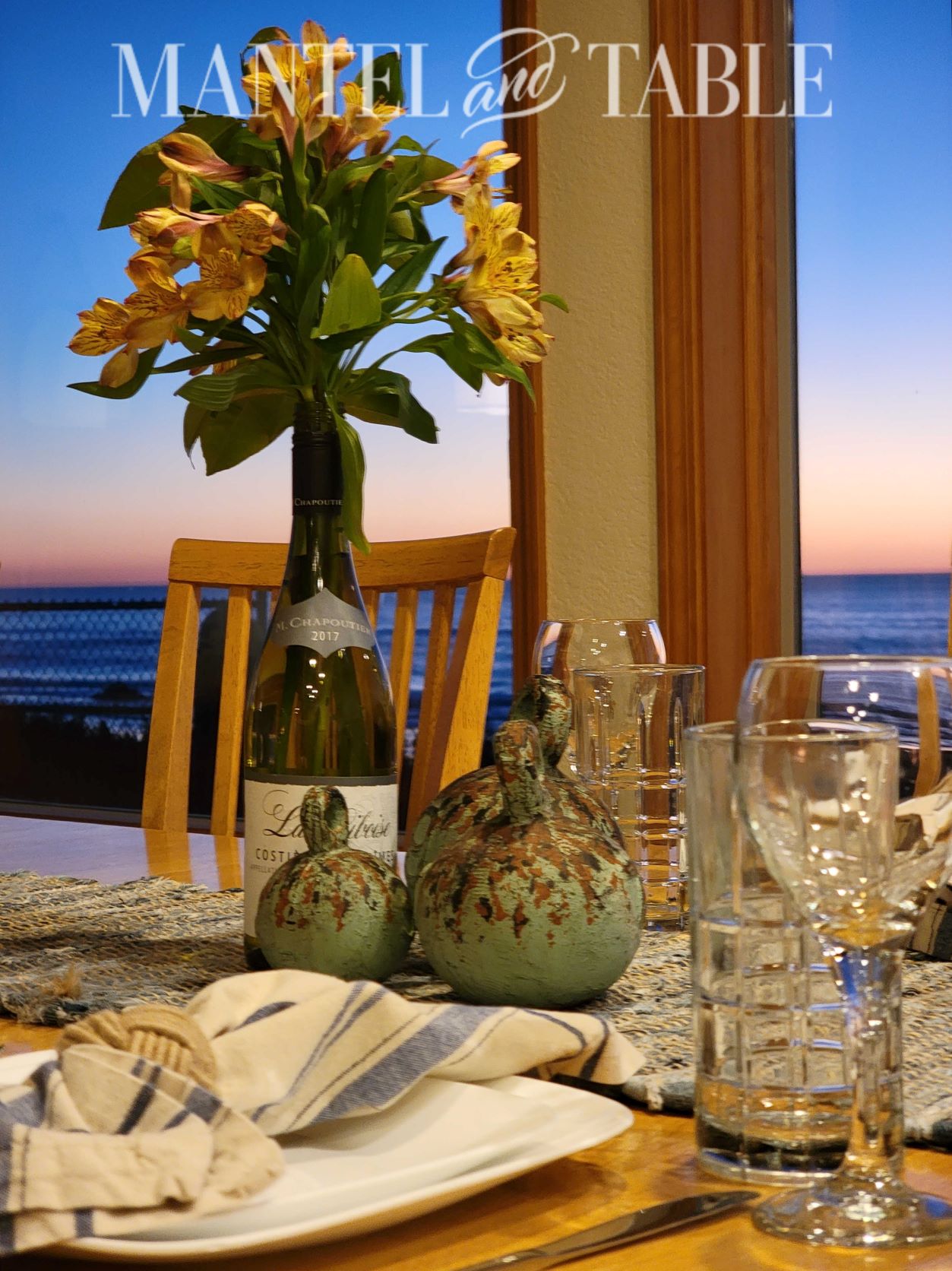 Set a Beautiful Table - closeup of flowers with sunset behind